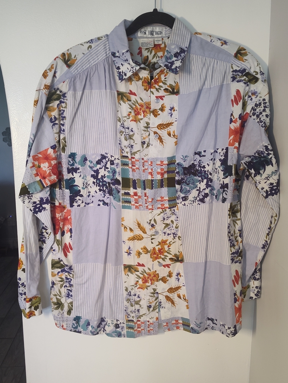Vintage Together Light Blue Floral Patchwork Long-Sleeve Shirt #282